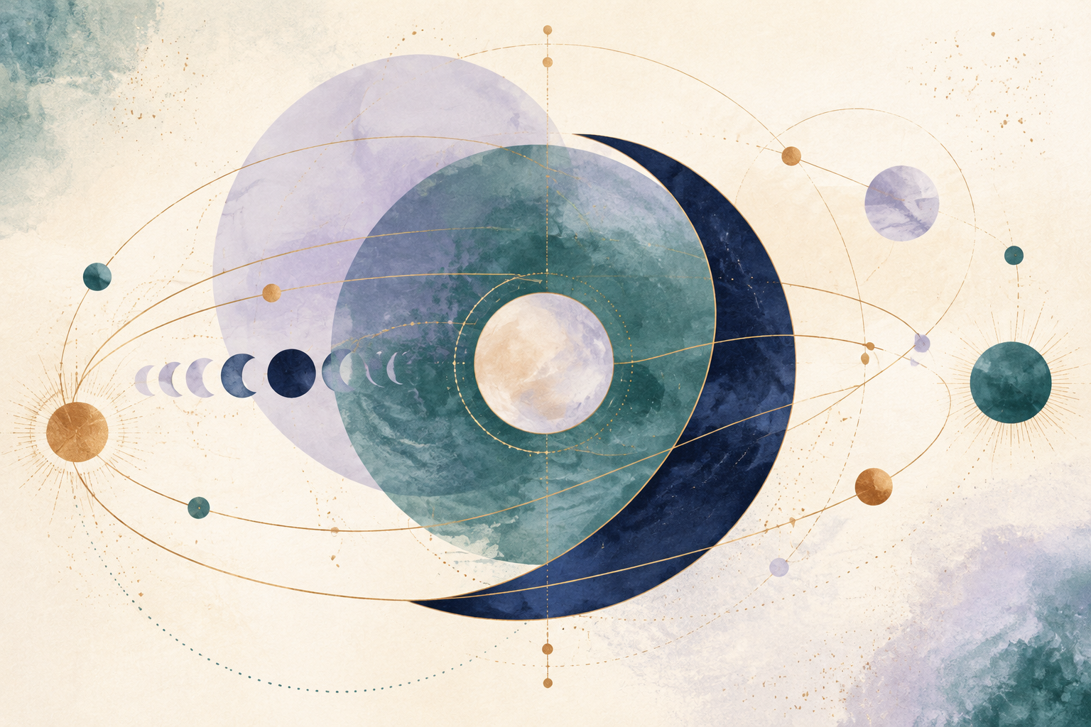 Illustration abstraite de cycles planétaires et de phases lunaires